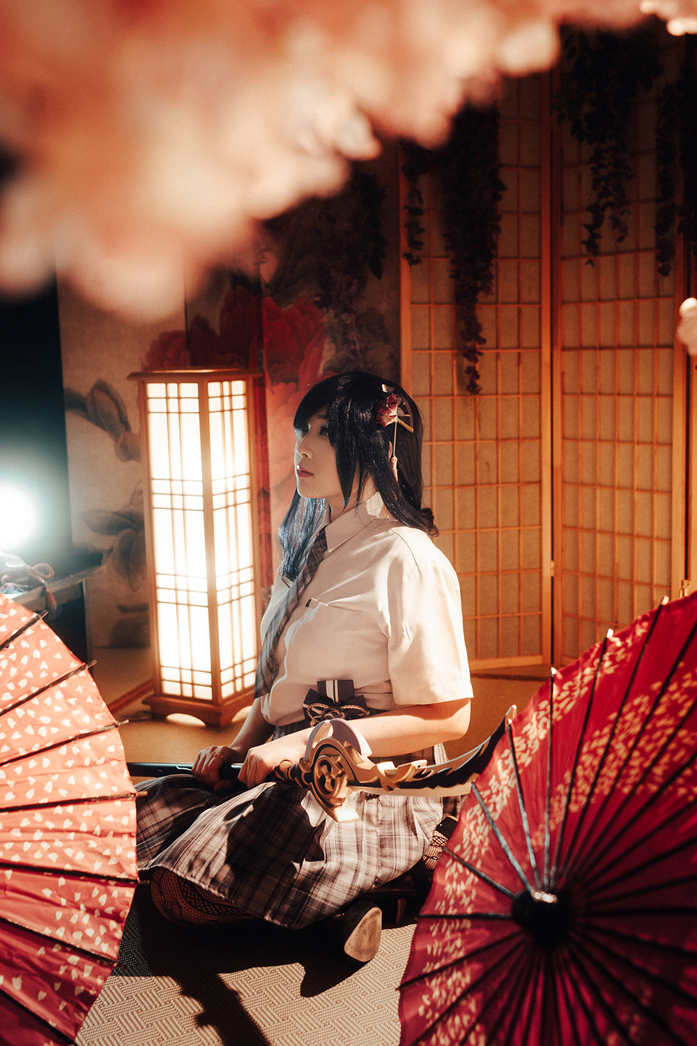 Genshin Impact Raiden seifuku cosplay photoshoot at Lunarworks Studio, Singapore.