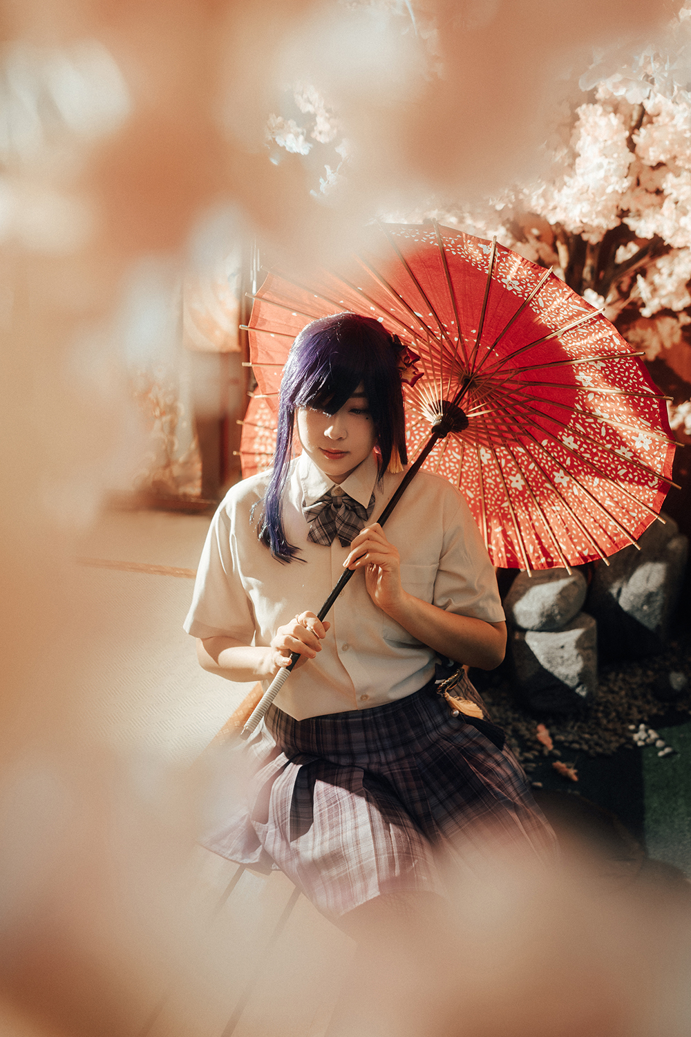 Genshin Impact Raiden seifuku cosplay photoshoot at Lunarworks Studio, Singapore.