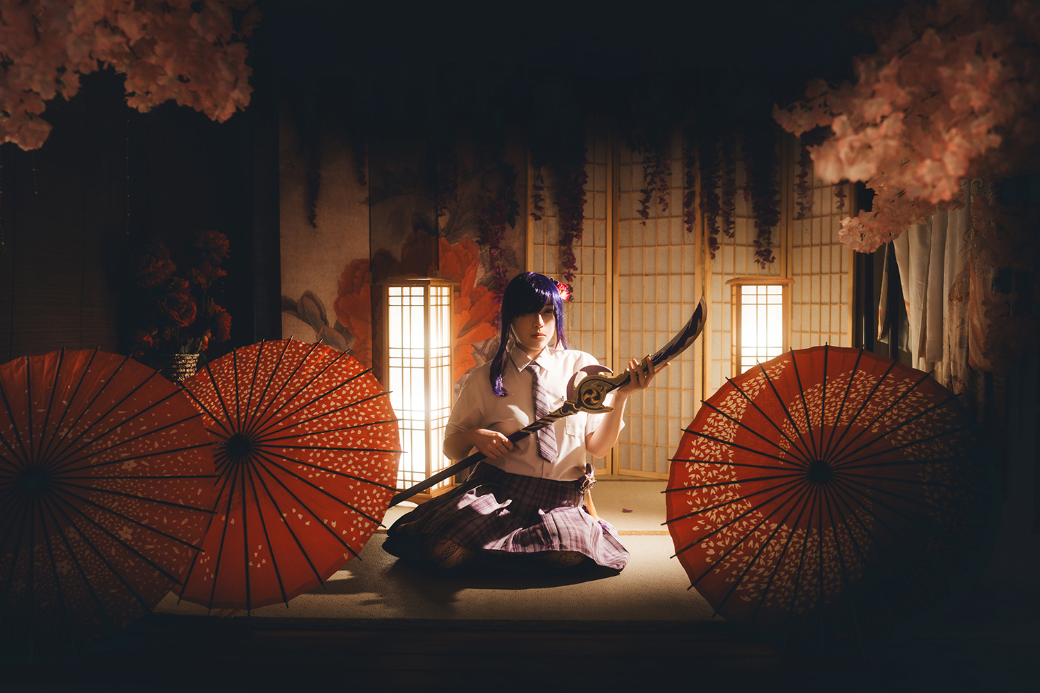 Genshin Impact Raiden seifuku cosplay photoshoot at Lunarworks Studio, Singapore.