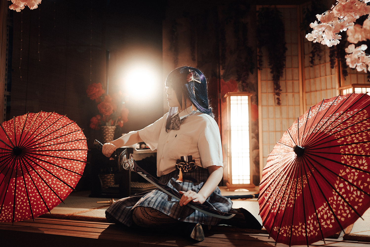 Genshin Impact Raiden seifuku cosplay photoshoot at Lunarworks Studio, Singapore.